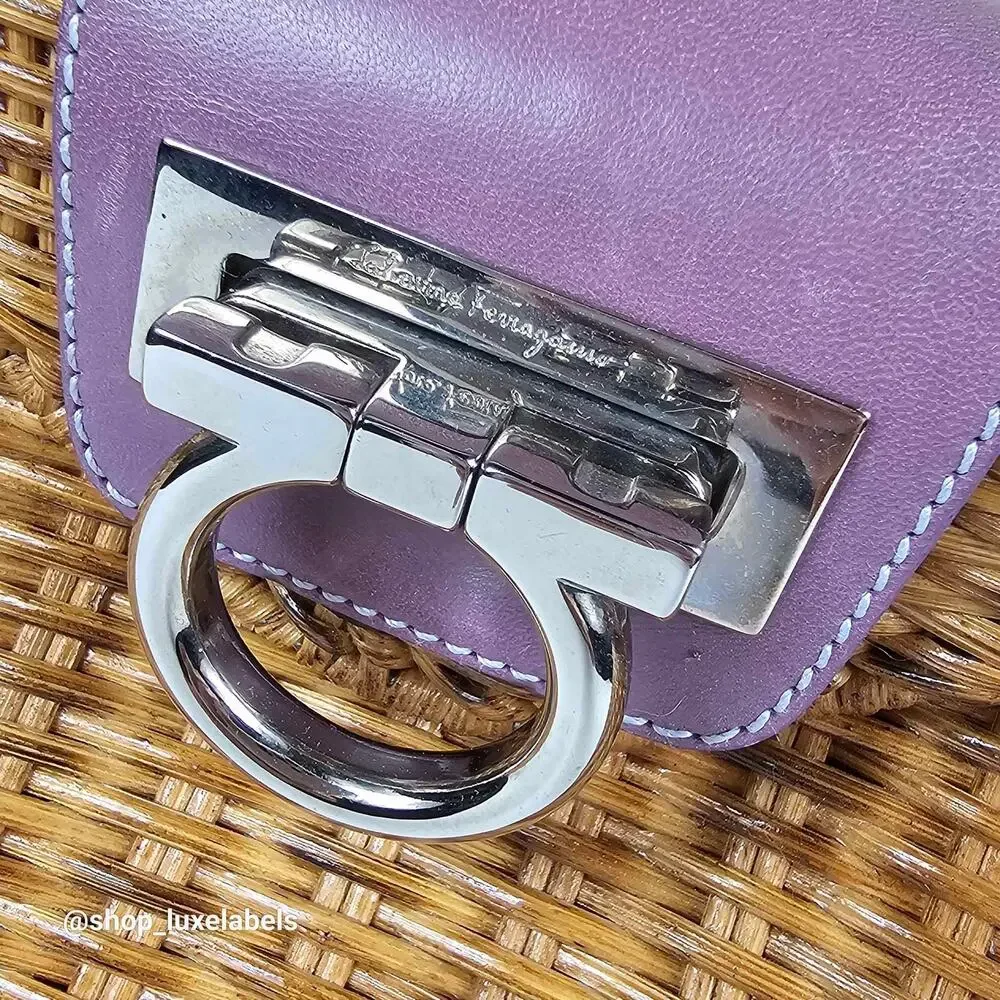 Salvatore Ferragamo Vintage Wicker & Purple Leather Gancini Top Handle Bag RARE - Picture 12 of 15